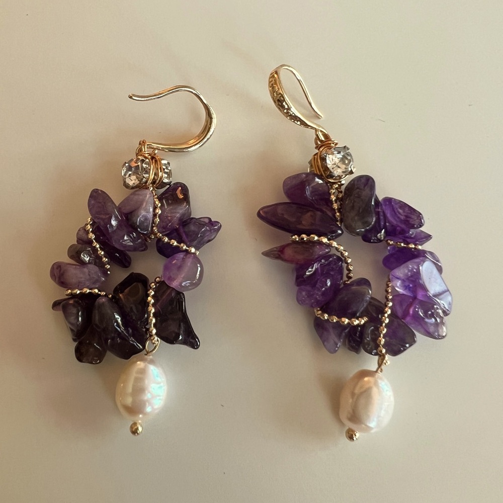 Genuine Pearl and Amethyst Garland 18K Plated Earrings